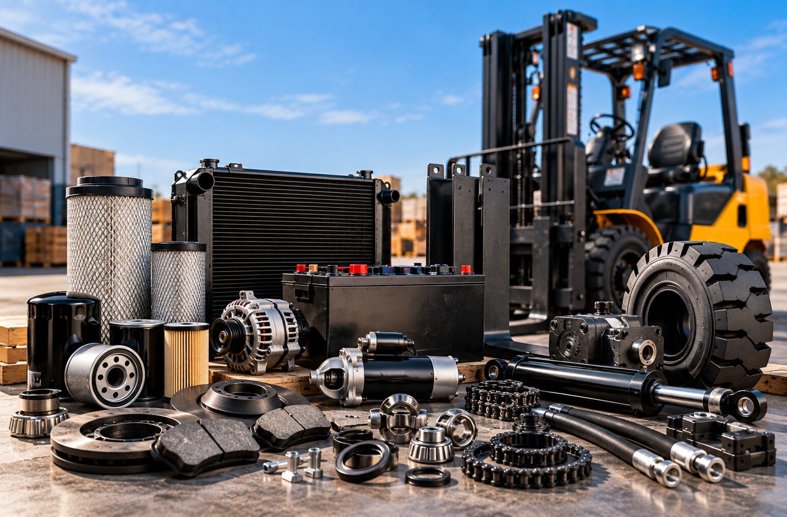 forklift parts in industrial yard
