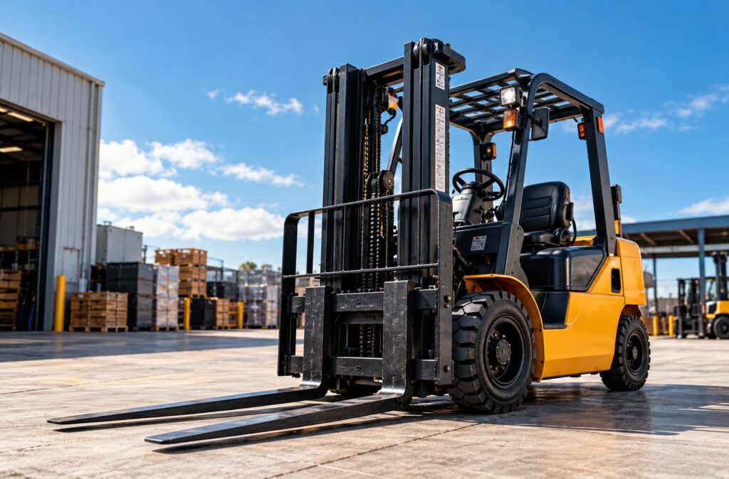 yellow forklift in industrial yard